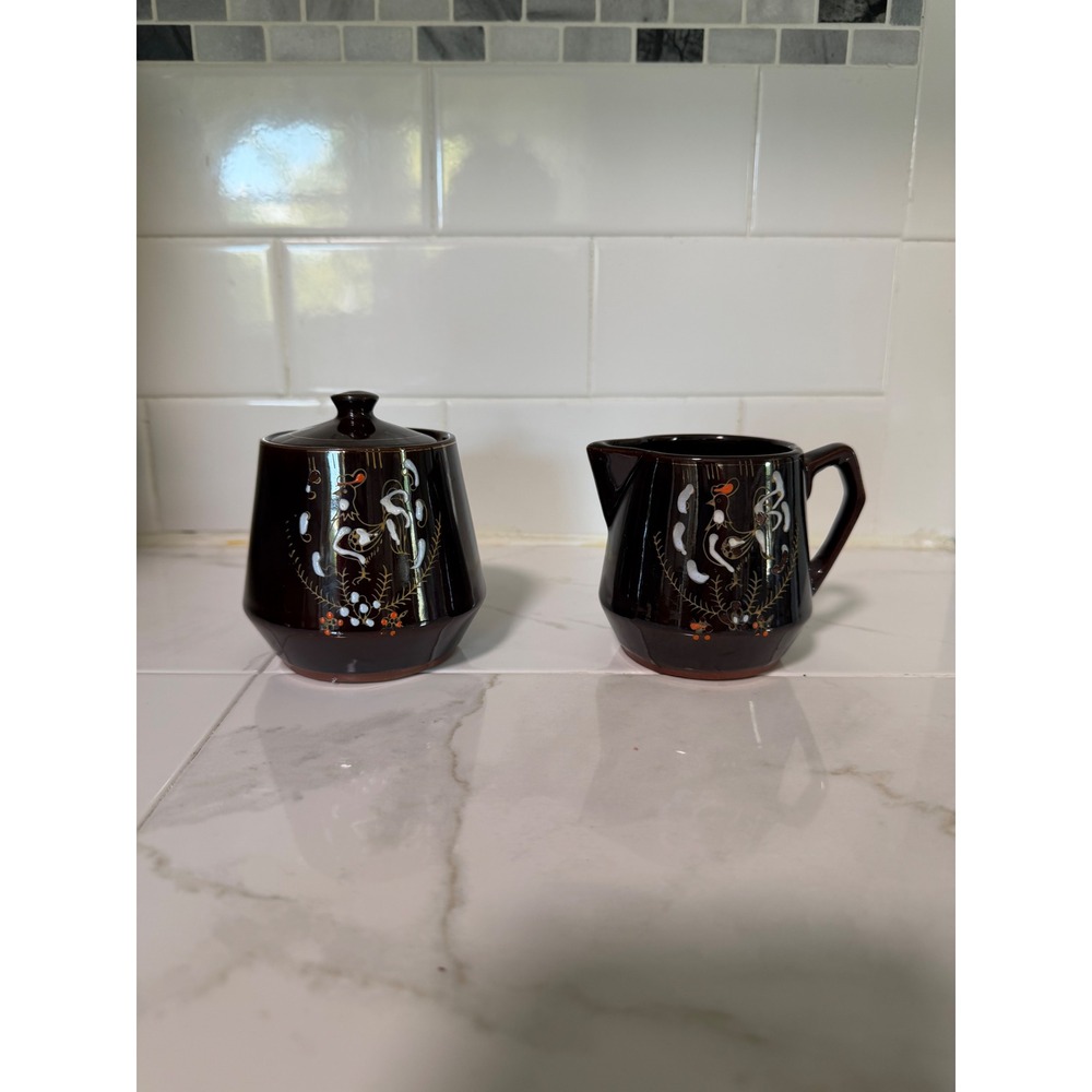 Vintage Brown Betty Red ware Sugar Bowl and Creamer Set Mid Century Folk Art - Picture 1 of 8